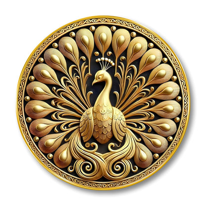 Golden Peacock Round Wall Art | 3D Embossed MDF Panel with Metallic Finish | Luxurious Home & Office Wall Decor | Elegant Artistic Frame for Living Room, Bedroom & Gift Purpose 12 Inch x 12 Inch
