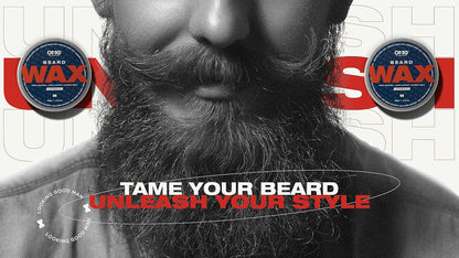 Beard wax advertisement with a close-up of a beard and text 'Tame your beard, unleash your style'.