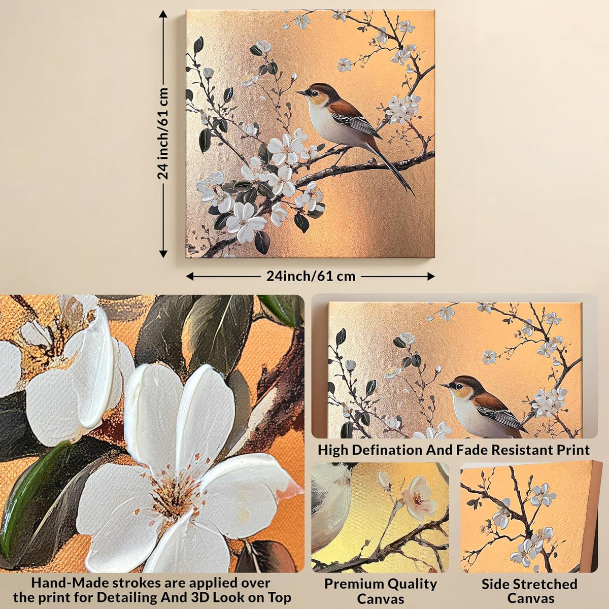 Stretched Canvas Glitter Gold Foil 3D Sparrow Birds of Cherry Blossom Flower Wall Art Bird Print with Hand-Painted Strokes Painting T1exture 3D Stretched Canvas Giclée Print, 61x61 cm