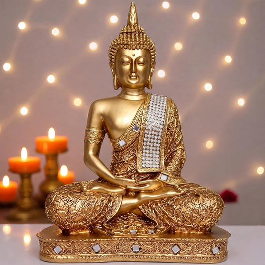 Global Grabbers New 25 Centimetre Meditating Sitting Buddha Statue showpiece Idol Home Decor Items for Living Room and Gifts (Golden2)