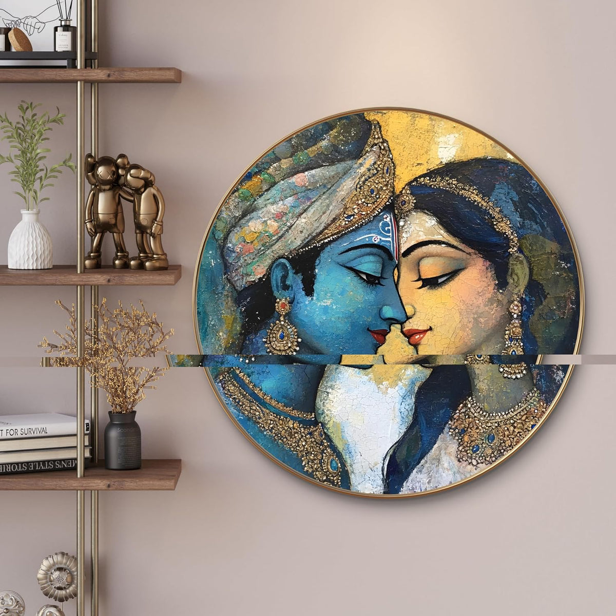 Radha Krishna Round Art Print with Golden Frame | Abstract Artistic Divine HD Art Print for Living Room Pooja Room Home Décor 16 Inch x 16 Inch