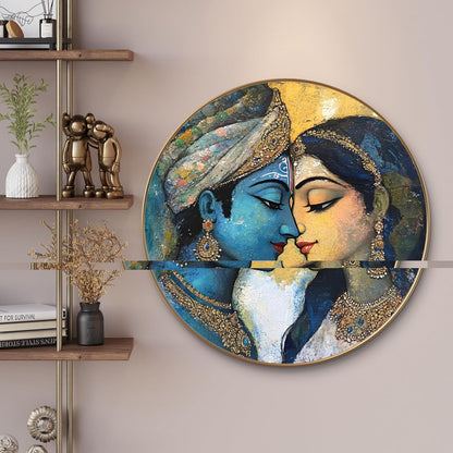 Radha Krishna Round Art Print with Golden Frame | Abstract Artistic Divine HD Art Print for Living Room Pooja Room Home Décor 16 Inch x 16 Inch