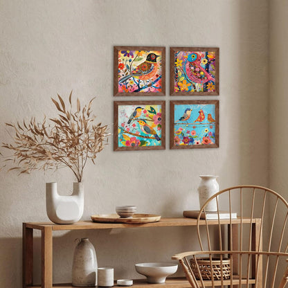 Multicolor Birds Wall Art Painting for living room, birds floral Framed painting, set of 4, 9x9 Inch