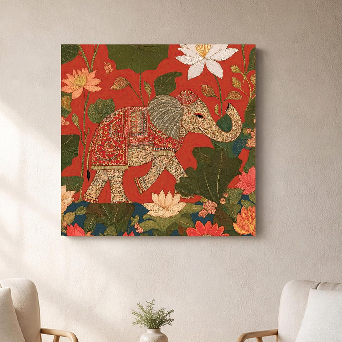 Royal Elephant Lotus Stretched Canvas Painting for Living Room | Traditional Pichwai Elephant Wall Décor Art For Livingroom, Bedroom, Office, Hallways - 16x16 Inch