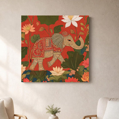 Royal Elephant Lotus Stretched Canvas Painting for Living Room | Traditional Pichwai Elephant Wall Décor Art For Livingroom, Bedroom, Office, Hallways - 16x16 Inch