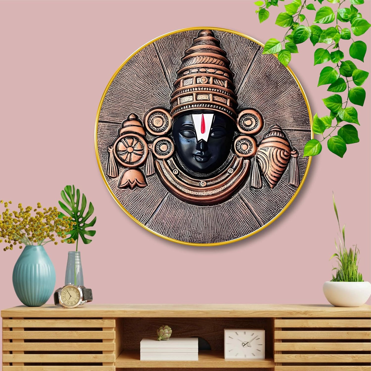 Tirupati Balaji Round Wall Art | MDF Panel with Golden Rim | Divine Venkateswara Design | Spiritual Wall Hanging for Home, Temple & Living Room Decor | Premium Artistic Frame 12 Inch x 12 Inch