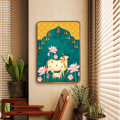 Couple Cow Pichwai modern art Premium Sparkle Lamination Finished Surface Golden Slim Frame 35 cm x 28 cm Large Size, For Home/Office/Hotel painting KG471
