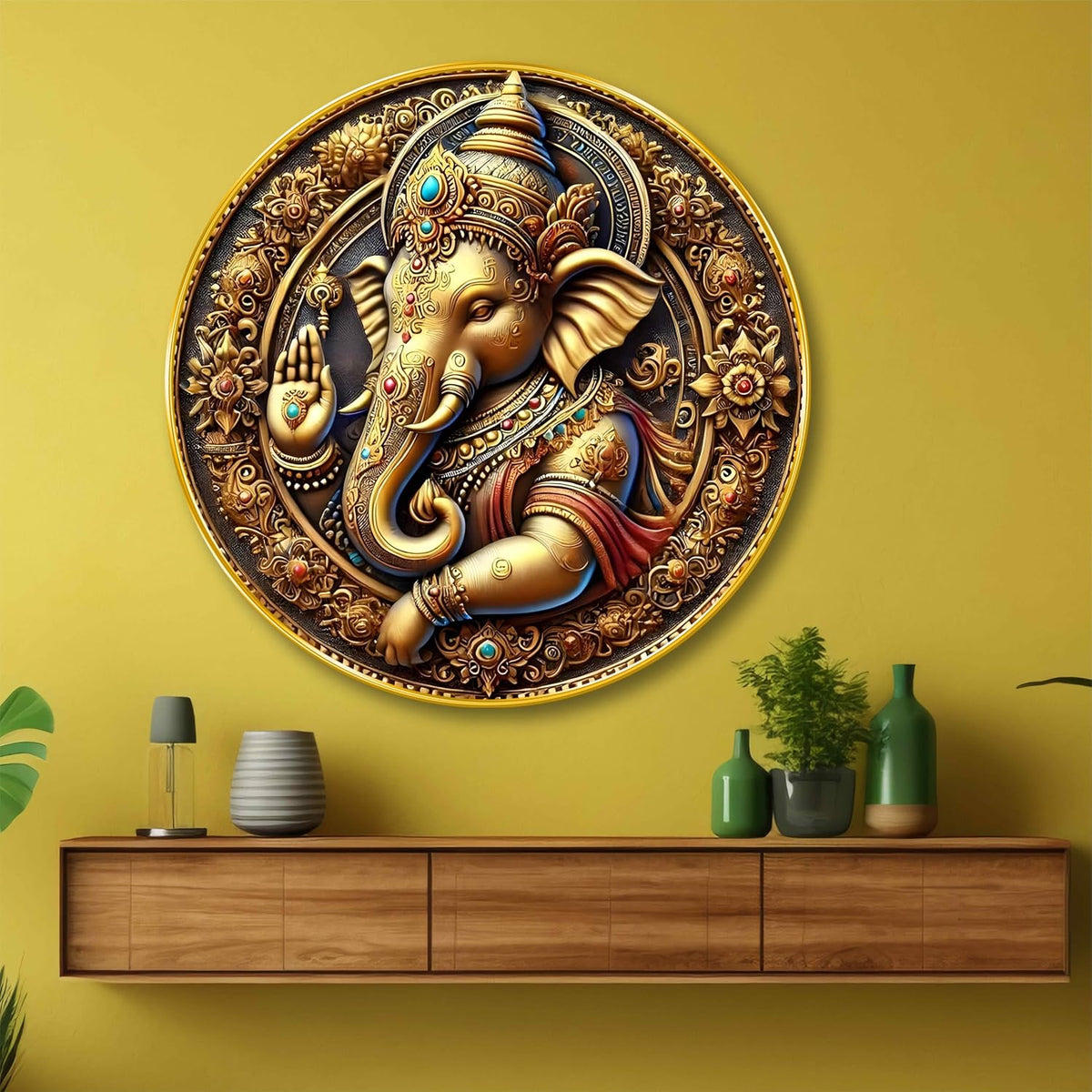 Golden Ganesha Round Wall Art | MDF Panel with Royal Detailing | Lord Ganesh Spiritual Wall Hanging for Home, Temple & Office Decor | Artistic Golden Frame with Premium Finish 23 Inch x 23 Inch