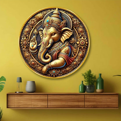 Golden Ganesha Round Wall Art | MDF Panel with Royal Detailing | Lord Ganesh Spiritual Wall Hanging for Home, Temple & Office Decor | Artistic Golden Frame with Premium Finish 23 Inch x 23 Inch