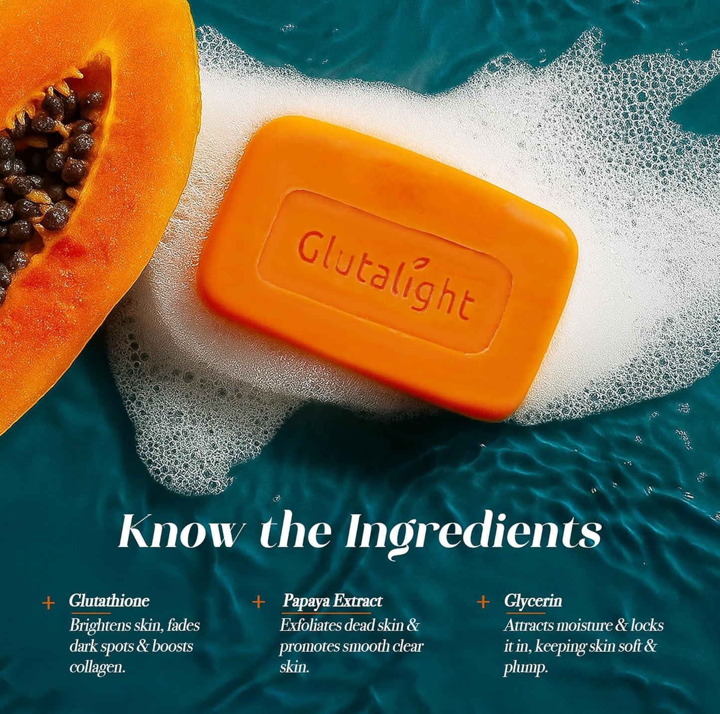Orange soap bar with 'Glutalight' branding on a blue and white background with a papaya and text about ingredients.
