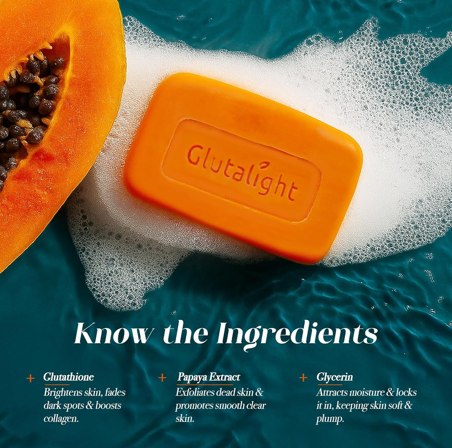 Orange soap bar with 'Glutalight' branding on a blue and white background with a papaya and text about ingredients.