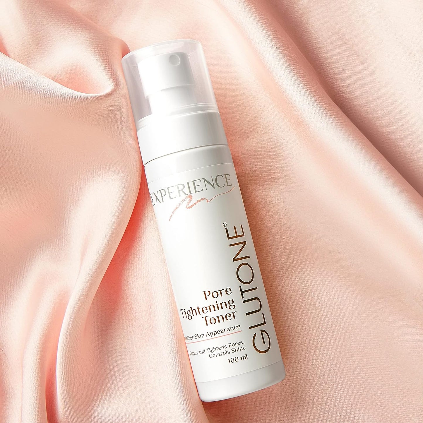 GLUTONE Pore Tightening Toner bottle on a soft pink fabric background