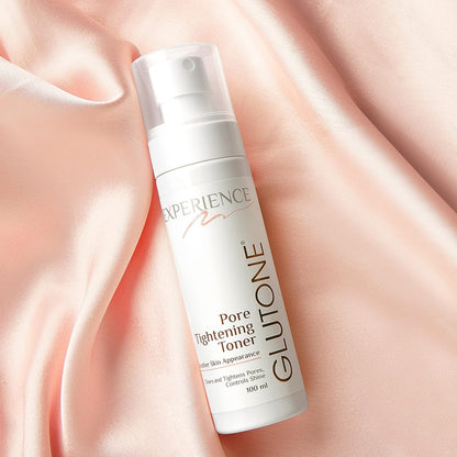 GLUTONE Pore Tightening Toner bottle on a soft pink fabric background