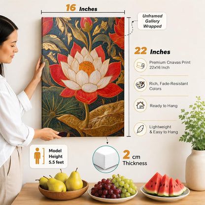 Traditional Indian Textured Embossed Lotus Canvas Wall Art Painting for wall decoration, Red & Gold Blooming Lotus Motifs Stretched Canvas Painting for living room, bedroom, Home and office, 16x22 Inch