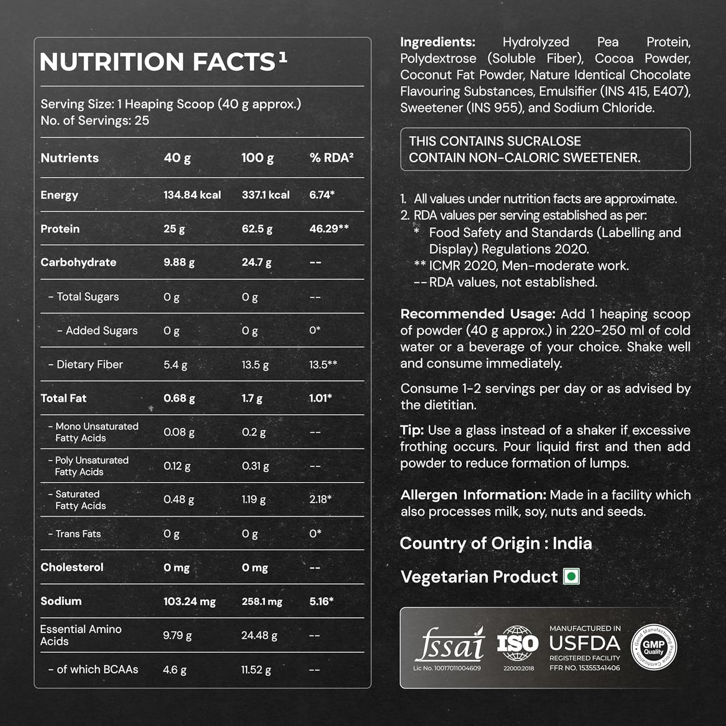 Nutrition facts label and ingredient list on a black background