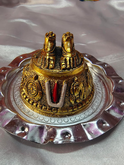 Gold Art India Lord Balaji Charan Paduka 24 kt Gold Matte Finish Vishnu Charan Paduka for Pooja Room/Balaji for car Venkateswara Swamy Feet with Shanku Chakra Namam Best Gifting (Gold Plated 2 Inch)