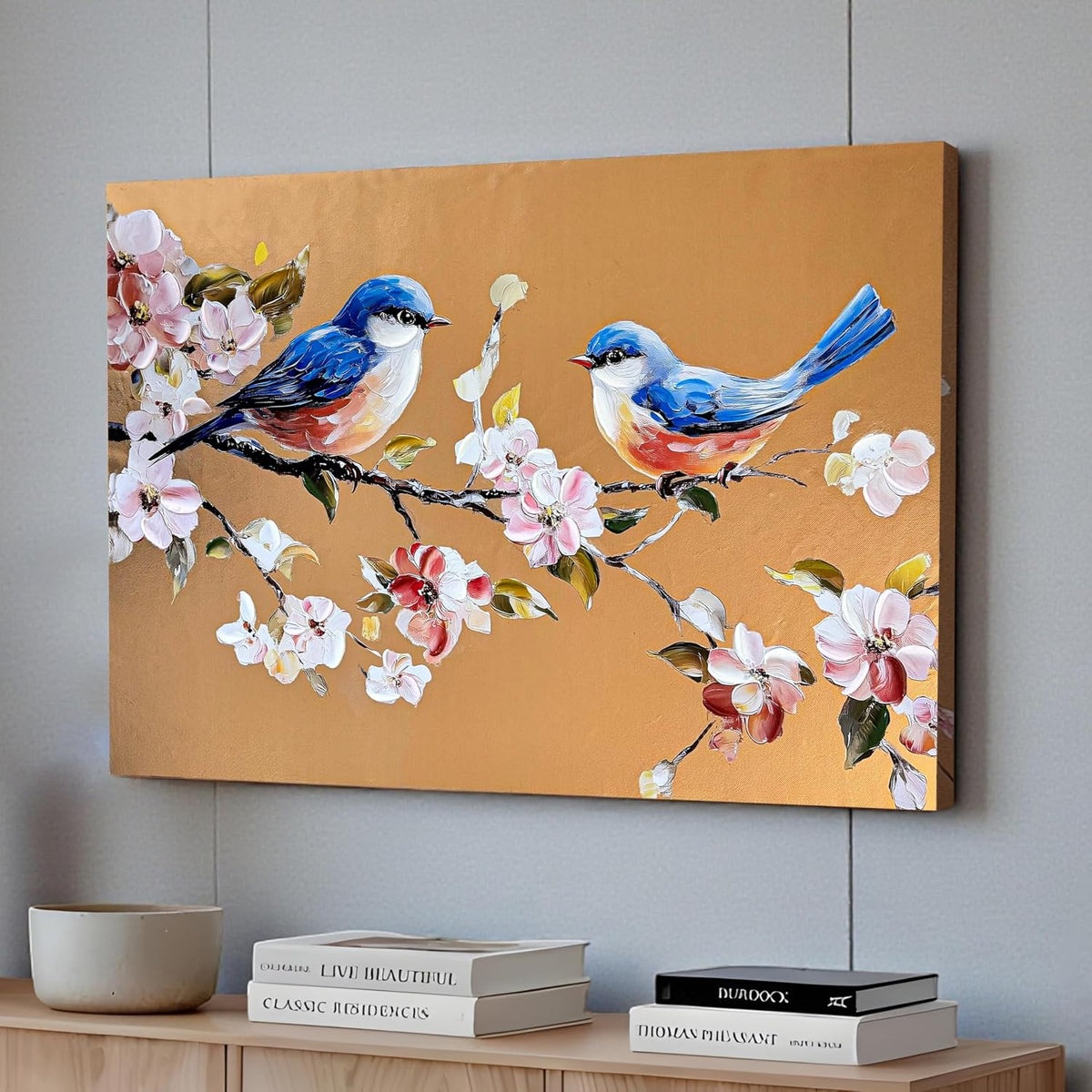 Stretched Canvas Glitter Gold Foil 3D Bird Wall Art with Cherry Blossom Flowers, Stretched Canvas Textured Floral Bird Painting Hand-Painted Blue Birds Sakura Branch Gold Art, 61x91 cm