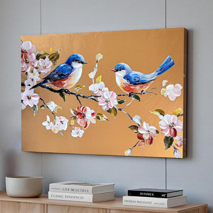 Stretched Canvas Glitter Gold Foil 3D Bird Wall Art with Cherry Blossom Flowers, Stretched Canvas Textured Floral Bird Painting Hand-Painted Blue Birds Sakura Branch Gold Art, 61x91 cm