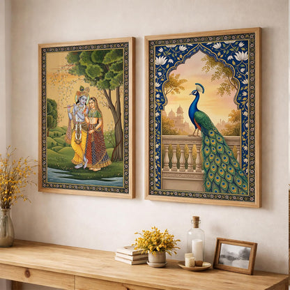 Radha Krishna Miniature Painting with Peacock Wall Art | Set of 2 Framed Paintings | Traditional Mughal Indian Decor for Living Room Bedroom | (ART 4, 13x19 INCHES)