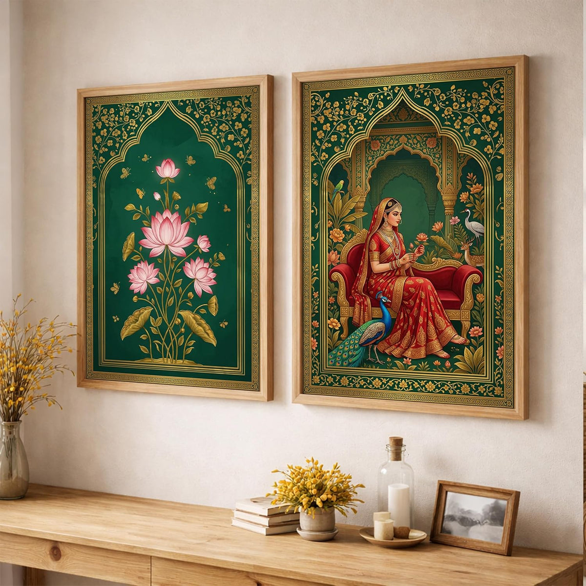 Rajasthani Rani Lotus Flower Wall Art Painting | Set of 2 Framed Paintings | Mughal Indian Decor for Living Room Bedroom Home Office | (ART 7, 13x19 INCHES)
