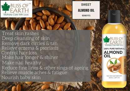 Bliss of Earth� 100% Pure & Natural Sweet Almond Oil (Coldpressed & Unrefined) Extracted From Whole Almond Kernels (100ML)