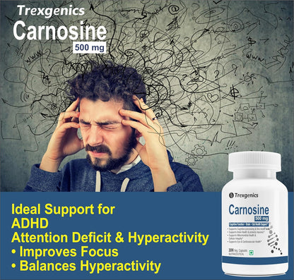 Trexgenics L-CARNOSINE 500 mg ADHD, ADD Care, Cognitive Function, Brain & Gut Health Support (30 Veg Capsules) (Pack of 1)