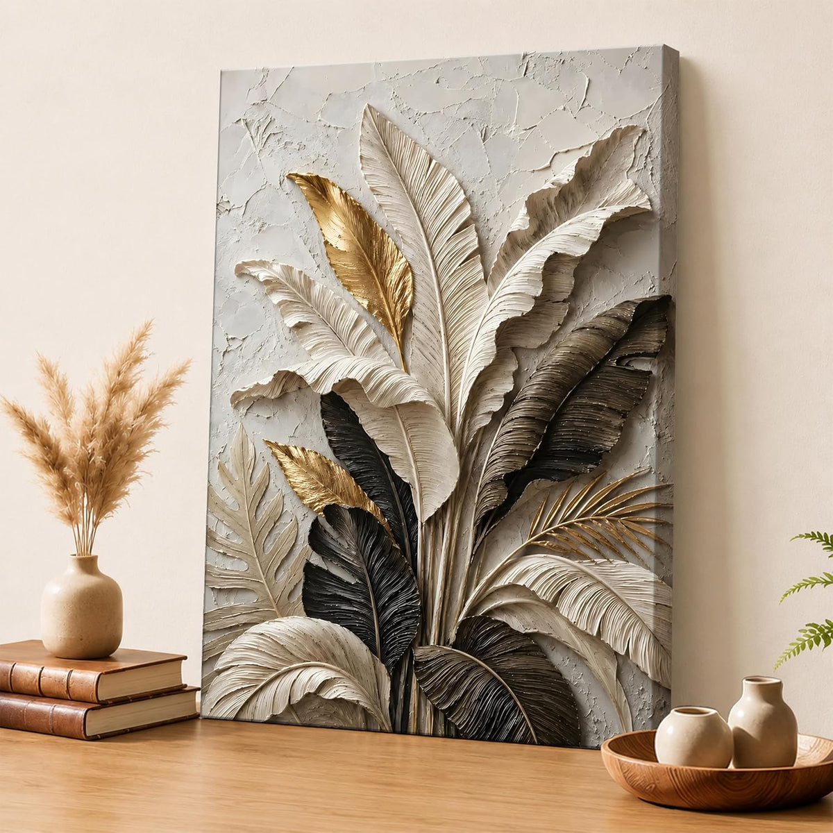 Textured Embossed Leaf Floral Canvas Wall Art Painting for wall decoration, Neutral & Gold Tropical Leaf Motifs Flower Stretched Canvas Painting for living room, bedroom, Office, 22x34 Inch