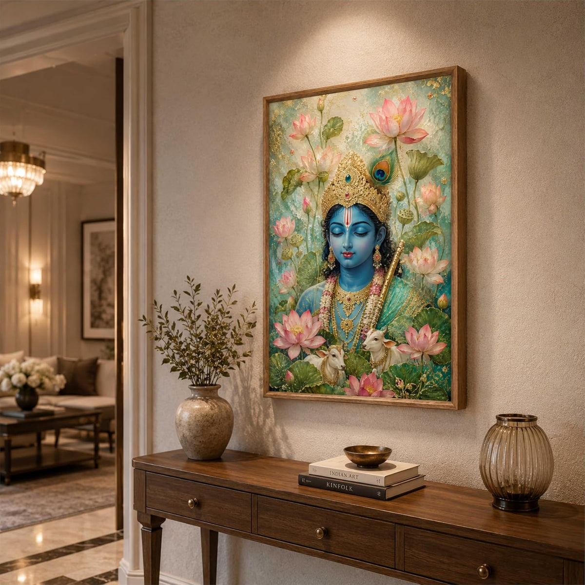 Lord Krishna Lotus Cow Wall Painting for Living Room Bedroom Hall Office Decor, Devotional Artwork with Sparkle Laminate and Wooden Synthetic Frame (13.5 x 19.5 Inch) NM01-4092