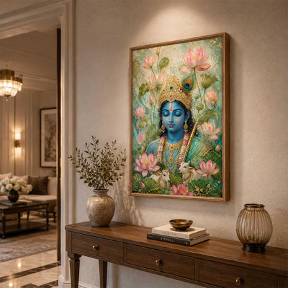 Lord Krishna Lotus Cow Wall Painting for Living Room Bedroom Hall Office Decor, Devotional Artwork with Sparkle Laminate and Wooden Synthetic Frame (13.5 x 19.5 Inch) NM01-4092