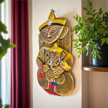Maa Durga with Ganesh Terracotta Wall Hanging Idol Murti Decor | Devi MATA & Ganesha Janani Decor | Spiritual Art for Temple, Home & Office Decor | Spiritual Gift (31x17 CM)