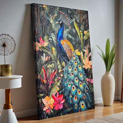 Stretched Canvas 3D Peacock Wall Art Textured Painting, Stretched Canvas Vibrant Peacock Print Hand-Painted Tropical Bird and Jungle Theme Decor, 3D Giclée Print Wall Decor 61x91 cm