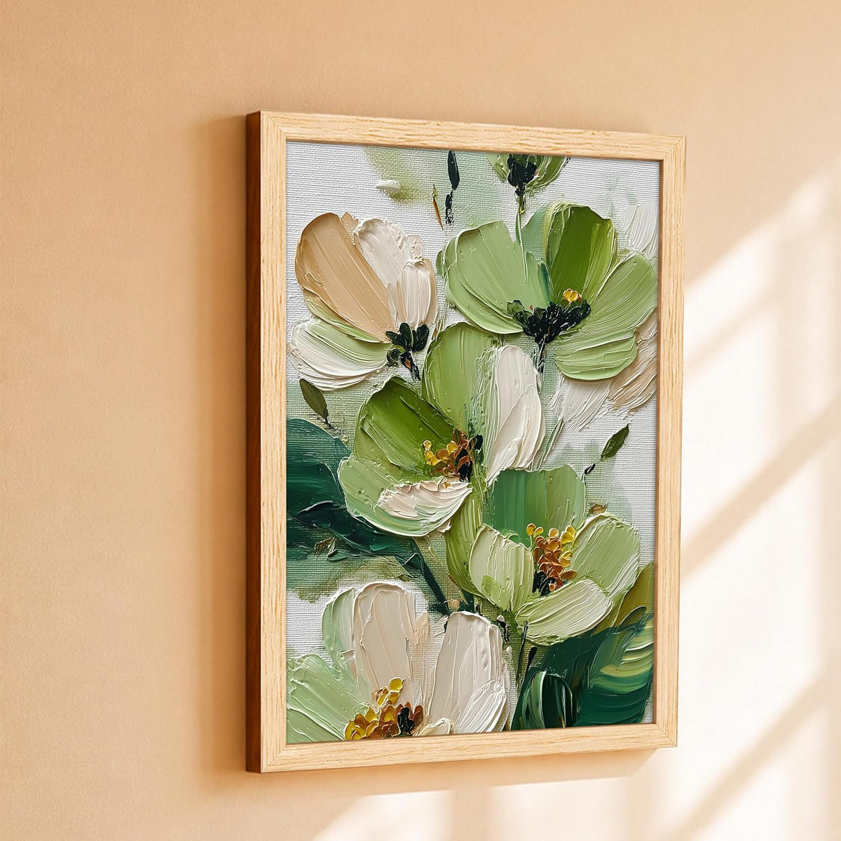 Modern Abstract 3D Textured Floral Painting for Living Room, Green & White Flower Motifs Rectangular Shape Framed Wall Painting for Home Decor (Size: 8x12 Inch)
