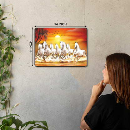 7 Running White Horses Wall Art – Black Frame Sunset Landscape Painting for Home & Office – Vastu-Inspired MDF Board Décor for Positive Energy & Success – 11 x 14 Inch