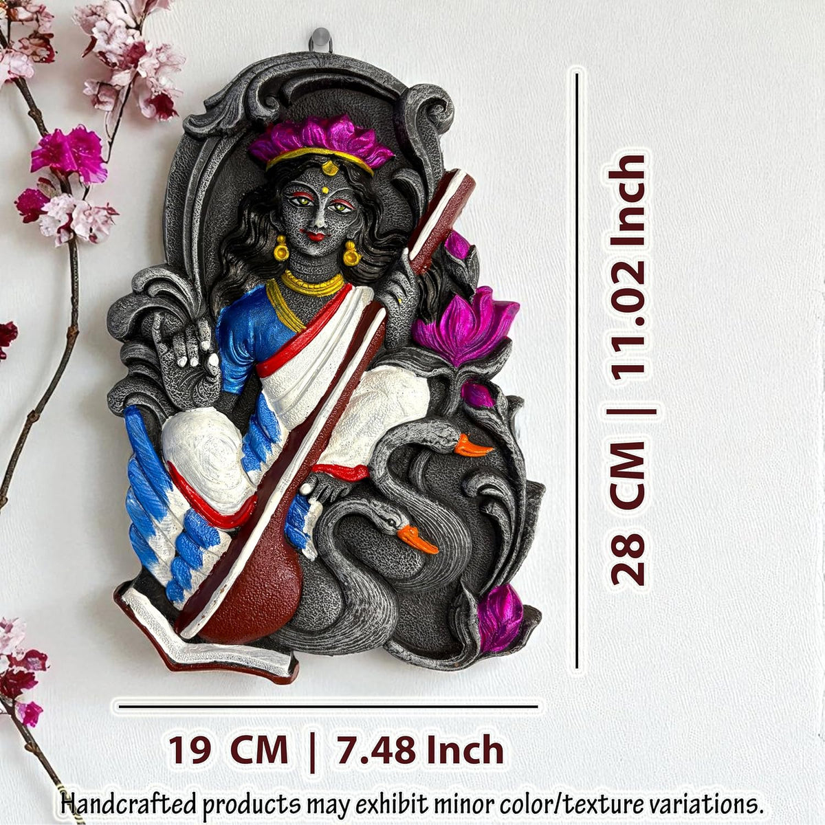 Saraswati Maa Wall Hanging Idol Murti | Terracotta Wall Decor | Saraswati MATA Wall Art for Mandir, Home, Office & Study Table Decor | Goddess of Knowledge Spiritual Gift (28x19 CM)