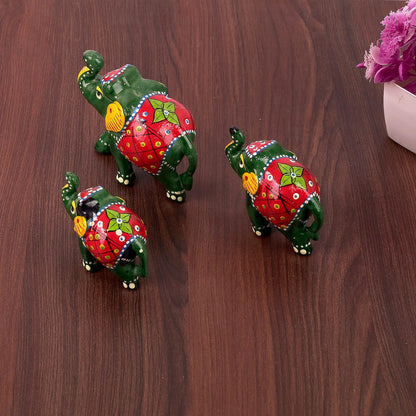 DreamKraft Paper Mache Elephant Showpiece, Standard, Green, 3 Piece, Home Decor, Cultural, Traditional, Festive