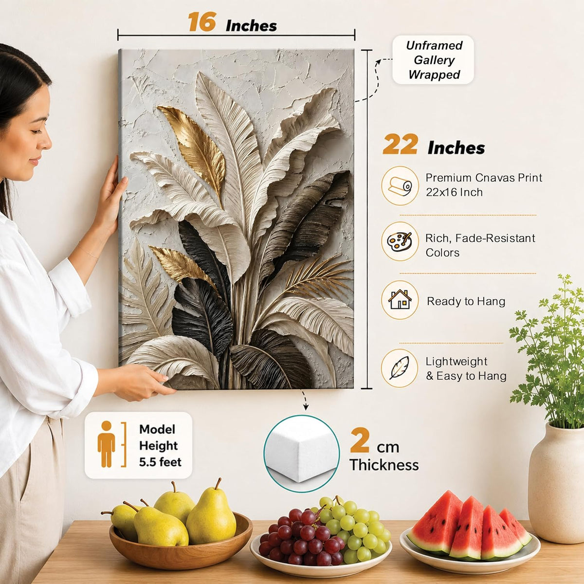 Textured Embossed Leaf Floral Canvas Wall Art Painting for wall decoration, Neutral & Gold Tropical Leaf Motifs Flower Stretched Canvas Painting for living room, bedroom, Office, 16x22 Inch