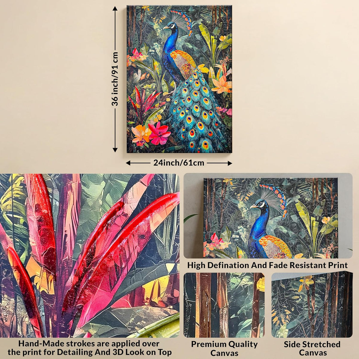 Stretched Canvas 3D Peacock Wall Art Textured Painting, Stretched Canvas Vibrant Peacock Print Hand-Painted Tropical Bird and Jungle Theme Decor, 3D Giclée Print Wall Decor 61x91 cm