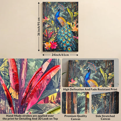Stretched Canvas 3D Peacock Wall Art Textured Painting, Stretched Canvas Vibrant Peacock Print Hand-Painted Tropical Bird and Jungle Theme Decor, 3D Giclée Print Wall Decor 61x91 cm