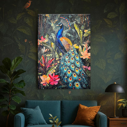 Stretched Canvas 3D Peacock Wall Art Textured Painting, Stretched Canvas Vibrant Peacock Print Hand-Painted Tropical Bird and Jungle Theme Decor, 3D Giclée Print Wall Decor 61x91 cm