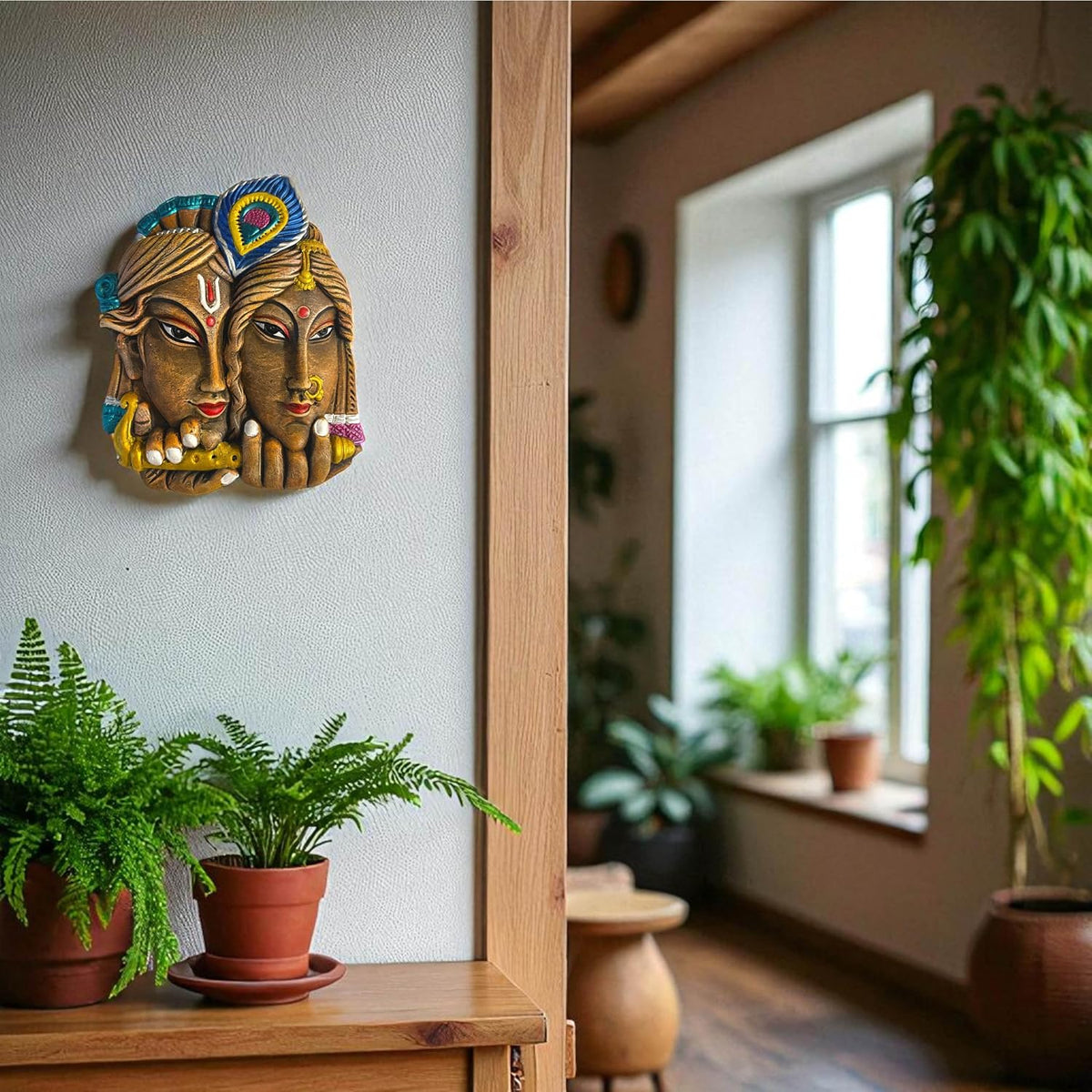 Radha Krishna Face Terracotta Wall Decor Hanging | Wall Hanging Decor | Spiritual Wall Art for Home, Temple, Mandir, Living, Office & Vastu Decor | Spiritual Gift (25x20 CM)