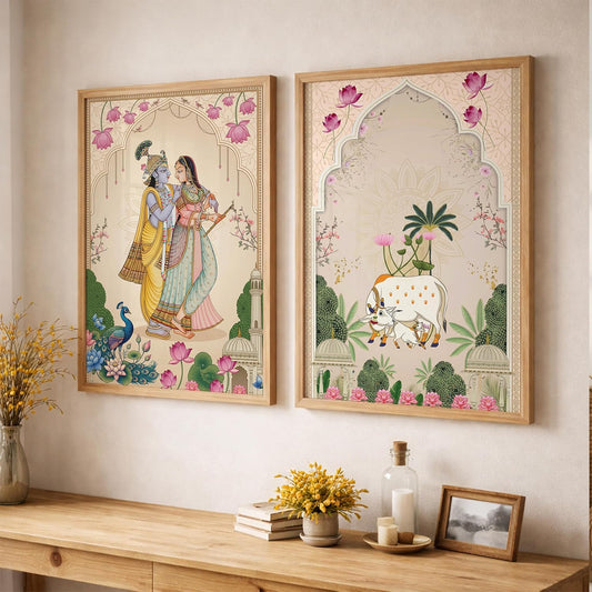 Pichwai Radha Krishna Kamdhenu Cow Wall Art Painting | Set of 2 Framed Paintings | Traditional Indian Decor for Living Room Pooja Room Home | (ART 3, 13x19 INCHES)