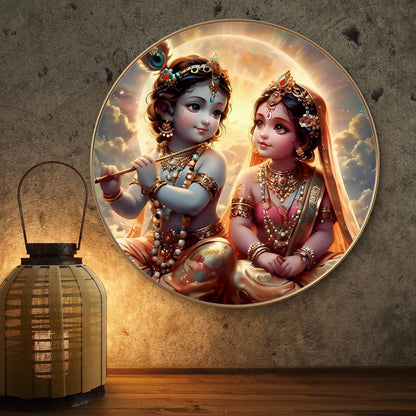 Baby Radha Krishna Round Art Print with Golden Frame | Cute Divine Flute HD Art Print for Pooja Room Kids Room Living Room 16 Inch x 16 Inch