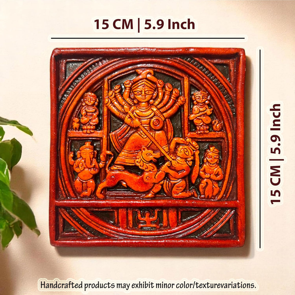 Maa Durga Wall Hanging Terracotta Idol Murti | Sherawali Devi MATA Hand-Painted Spiritual Wall Hanging Art Decor for Home Temple, Mandir, Living & Office Decor | Spiritual Gifts (15x15 CM)