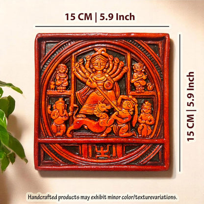 Maa Durga Wall Hanging Terracotta Idol Murti | Sherawali Devi MATA Hand-Painted Spiritual Wall Hanging Art Decor for Home Temple, Mandir, Living & Office Decor | Spiritual Gifts (15x15 CM)
