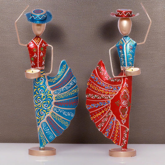 Colorful Dancers Iron Showpiece with Tealight Candle Holder - Decorative Figurine for Home, Celebratory Gift for Anniversary, Festivals & Weddings (Mariachi Dancers)