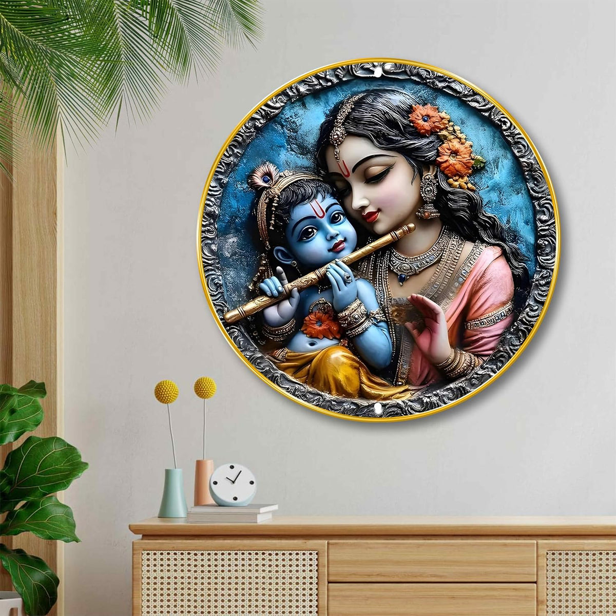 Radha Krishna Round Wall Art | 3D Embossed Divine MDF Panel | Artistic Spiritual Wall Decor for Home, Living Room, Temple & Office | Premium Finish with Golden Rim Frame 12 Inch x 12 Inch
