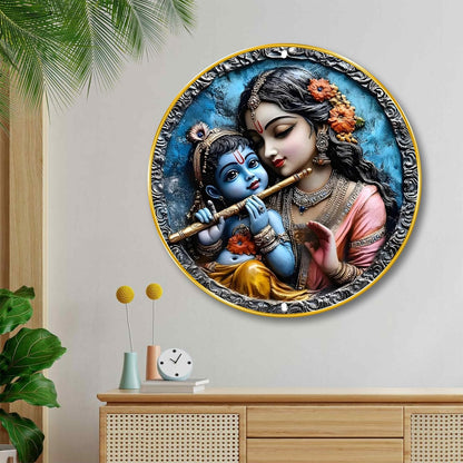 Radha Krishna Round Wall Art | 3D Embossed Divine MDF Panel | Artistic Spiritual Wall Decor for Home, Living Room, Temple & Office | Premium Finish with Golden Rim Frame 12 Inch x 12 Inch
