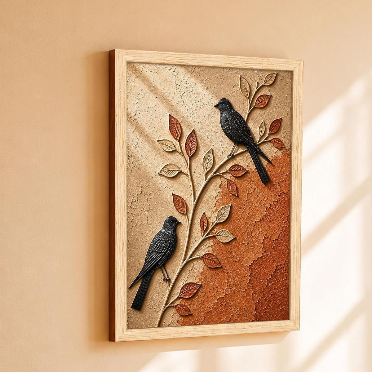 Modern Abstract 3D Textured Embossed Bird Painting for Living Room, Terracotta & Neutral Birds on Branch Motifs Rectangular Shape Framed Wall Painting for Home Decor (Size: 13x17 Inch)