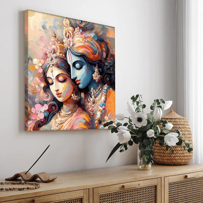 Divine Radha Krishna Stretched Canvas Painting for Living Room | Spiritual Canvas Artwork Wall Décor Art For Livingroom, Bedroom, Office, Hallways - 16x16 Inch