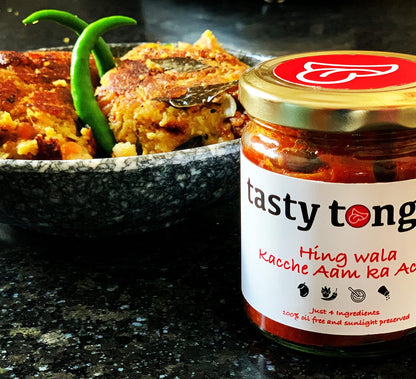 tasty tongue' Heeng Wala Kacche Aam ka teekha Achar/Hing ki Achari (Spicy Asafoetida-Raw Mango Pickle), Traditional, 100% Oil-Free, preservatives-free, Sun dried, Certified